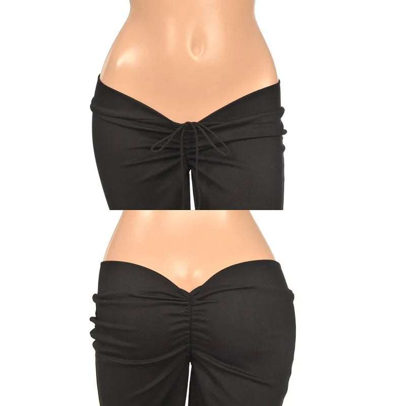 Women's Flare Pants Sexy Lace Fold Black U Crotch Low Rise Waist Skinny Long Trousers Club Denim Pants Casual Bell Bottoms