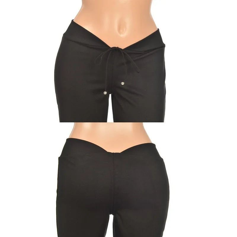 Women's Flare Pants Sexy Lace Fold Black U Crotch Low Rise Waist Skinny Long Trousers Club Denim Pants Casual Bell Bottoms