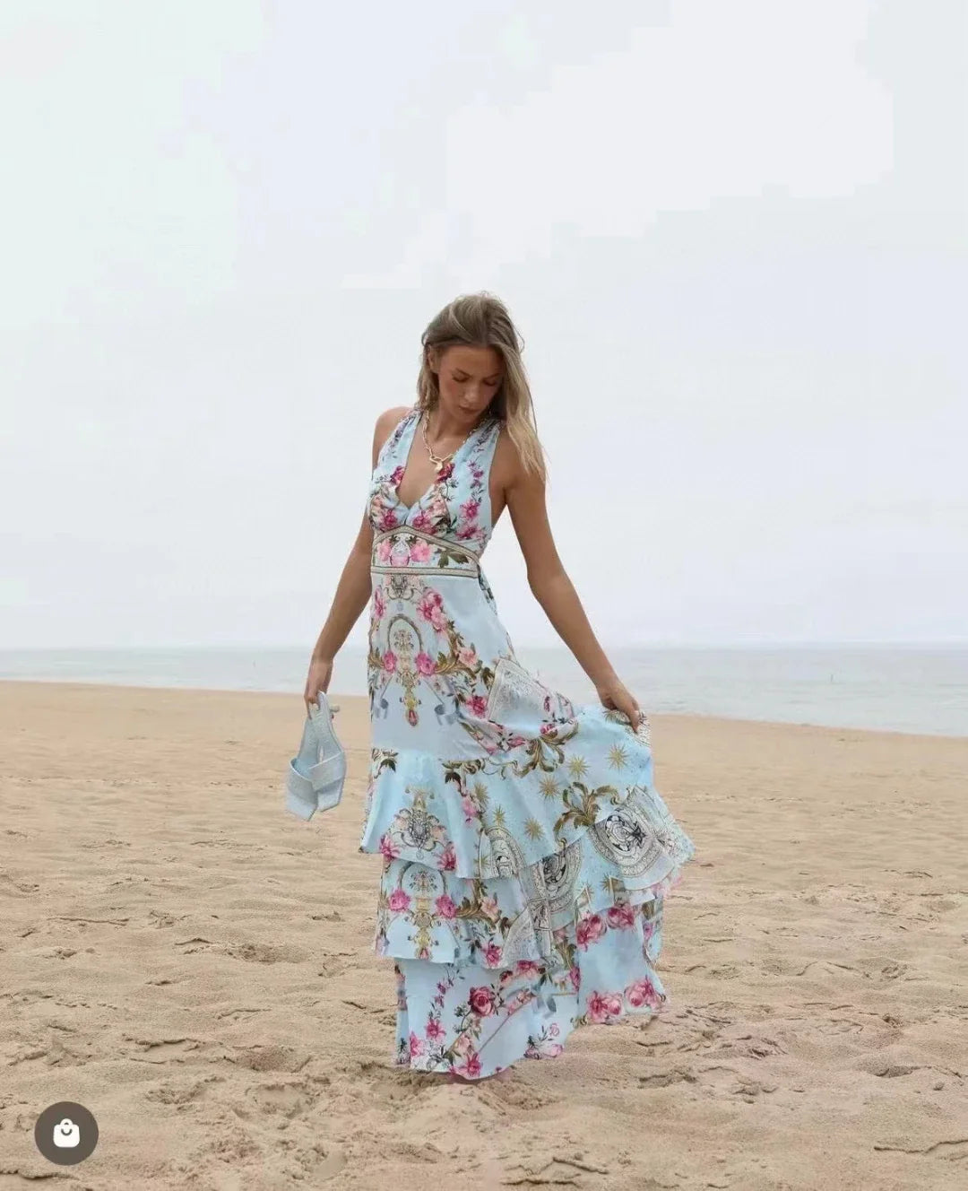 Women V Neck Crystal Beaded Back Bow Tie Retro Flower Print Multi-layer Long Silk Dress