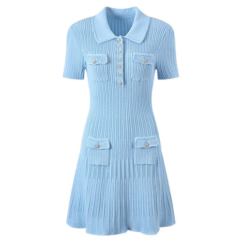 2024 Spring/Summer New Polo Neck Short Sleeve Knitted Dress Y2K Fashion Commuter Elastic Slim Fit Multi Pocket Wrapped Hip Skirt