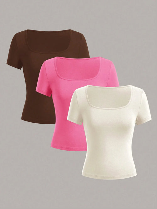 3 pieces  Summer Slimming T-shirt Women's Sexy Short Sleeve T-shirt U-neck Women's Solid Color Basic Korean Top Hot