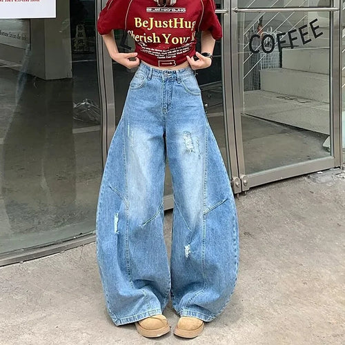 2025 Cyber Y2K Streetwear Washed Blue Baggy Ripped Jeans Pants For Women Clothing Wide Leg Lady Denim Trousers