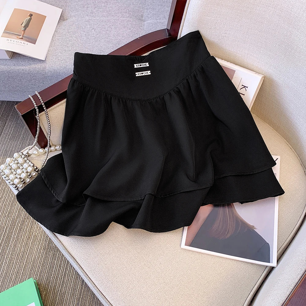 Plus size women's summer casual skirt Layered cake skirt Black polyester fabric loose comfortable skirt without lining