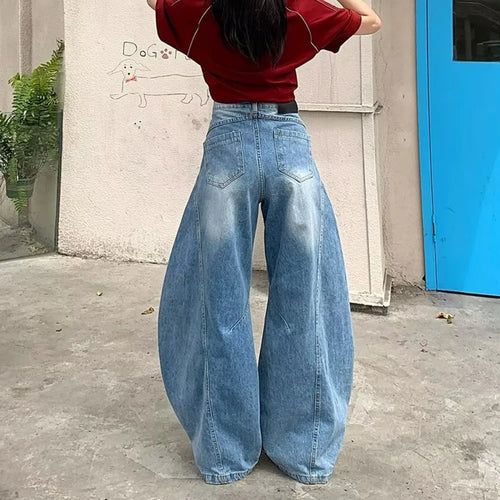 2025 Cyber Y2K Streetwear Washed Blue Baggy Ripped Jeans Pants For Women Clothing Wide Leg Lady Denim Trousers