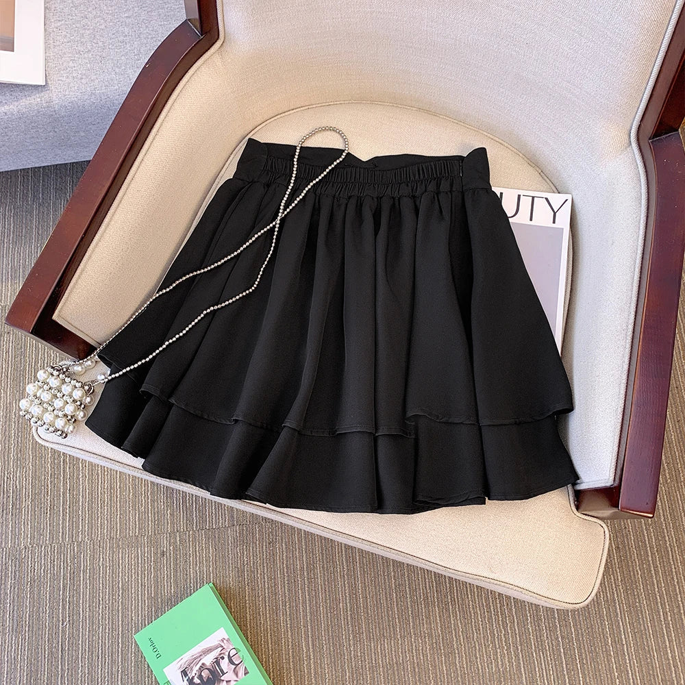 Plus size women's summer casual skirt Layered cake skirt Black polyester fabric loose comfortable skirt without lining