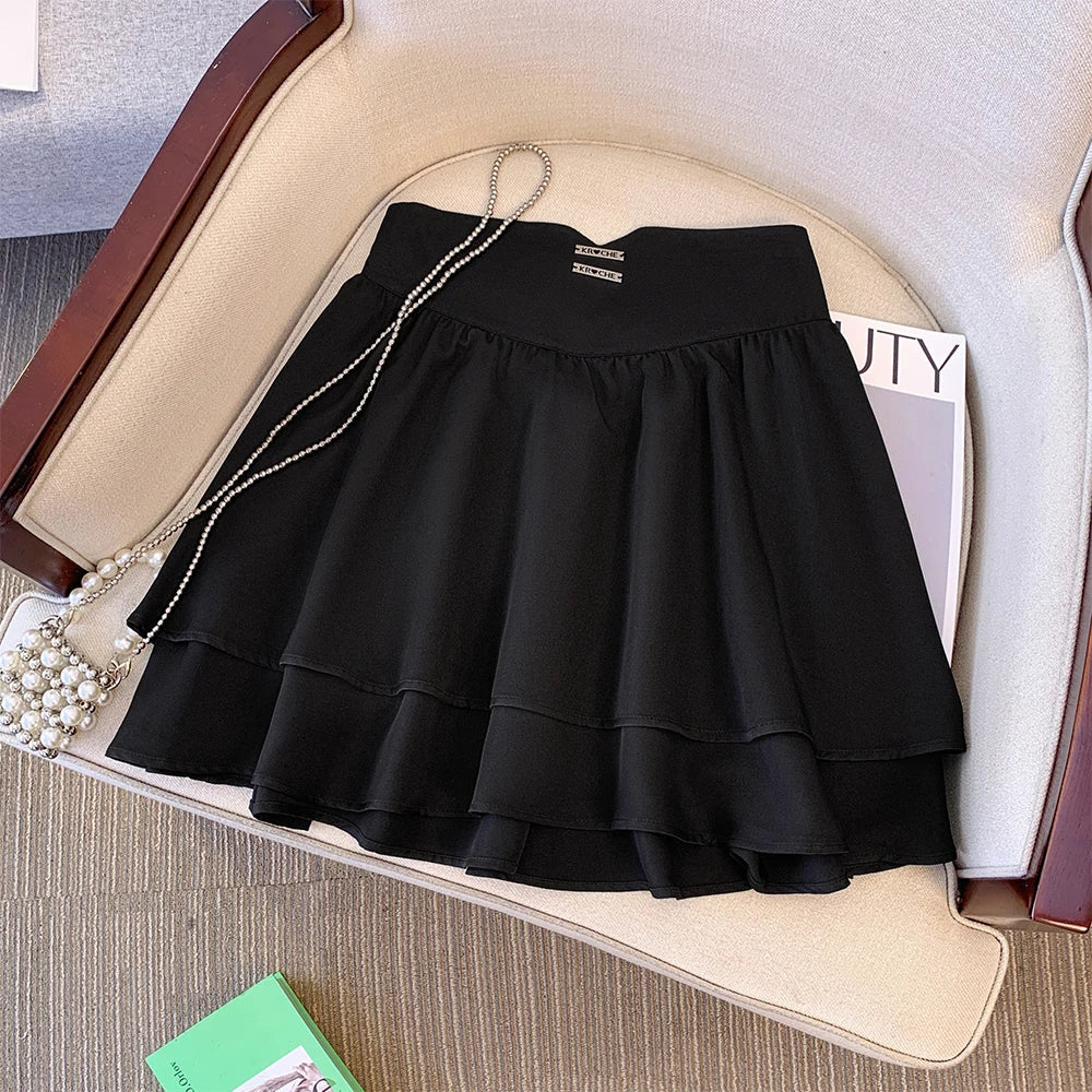 Plus size women's summer casual skirt Layered cake skirt Black polyester fabric loose comfortable skirt without lining