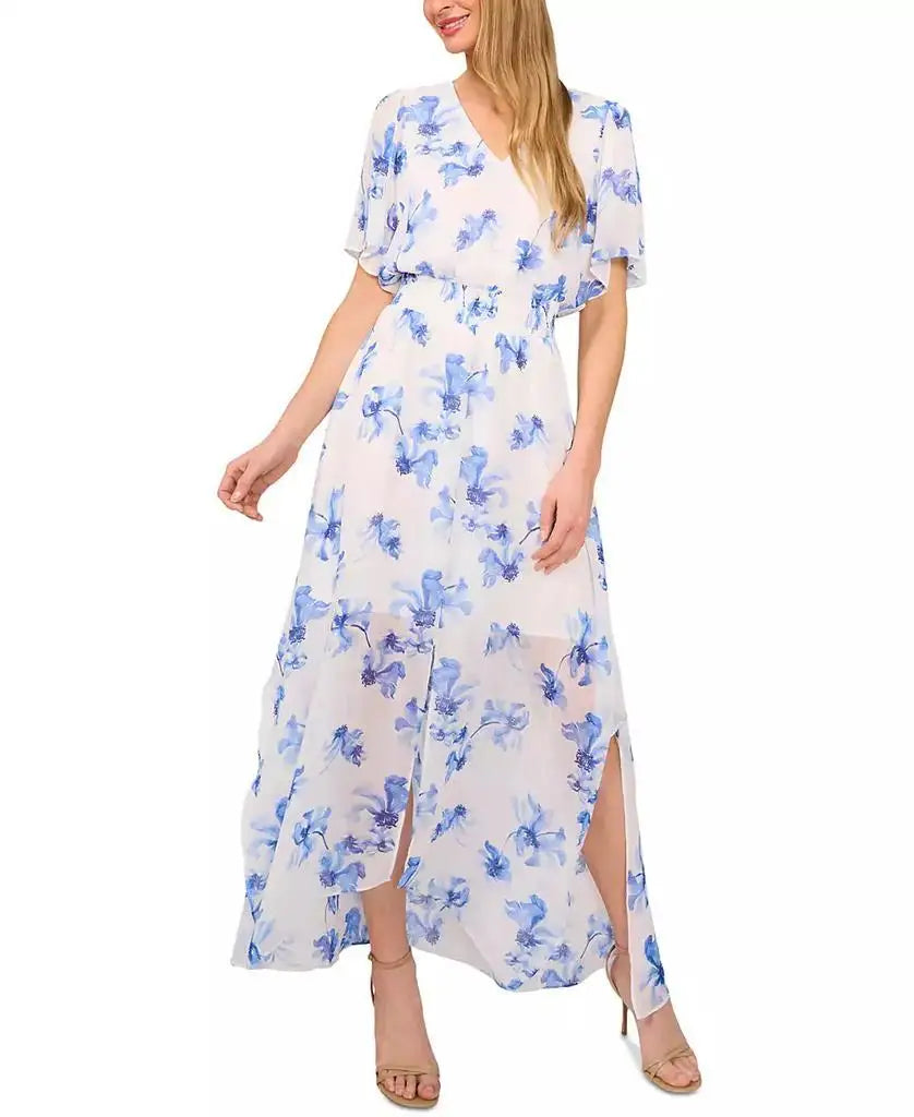 Women's Floral Flutter-Sleeve Smocked-Waist Maxi Dress
