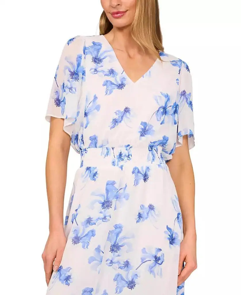 Women's Floral Flutter-Sleeve Smocked-Waist Maxi Dress