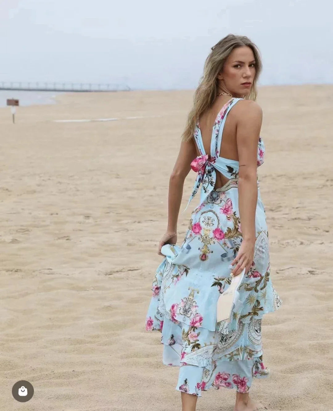 Women V Neck Crystal Beaded Back Bow Tie Retro Flower Print Multi-layer Long Silk Dress