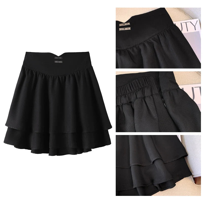 Plus size women's summer casual skirt Layered cake skirt Black polyester fabric loose comfortable skirt without lining