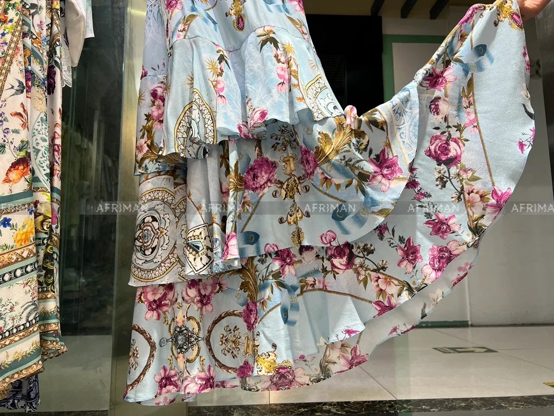 Women V Neck Crystal Beaded Back Bow Tie Retro Flower Print Multi-layer Long Silk Dress