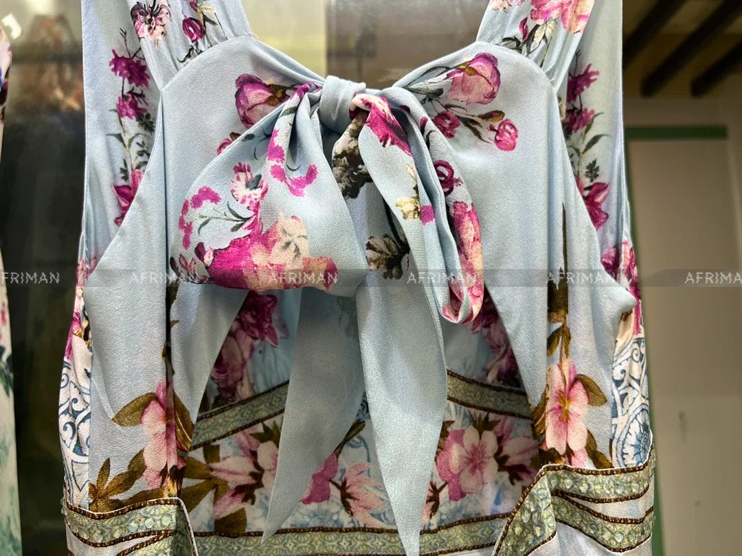 Women V Neck Crystal Beaded Back Bow Tie Retro Flower Print Multi-layer Long Silk Dress